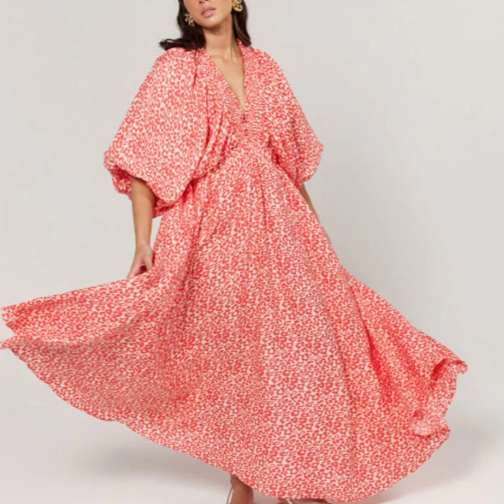 La Bohème Girls Essie V Neck Maxi Dress Coral Oat Leopard S/M NWT